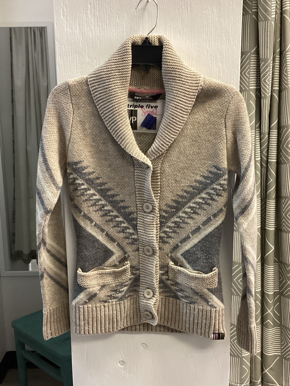 Triple Five Soul Cream and Gray Geometric Shawl Collar Cardigan